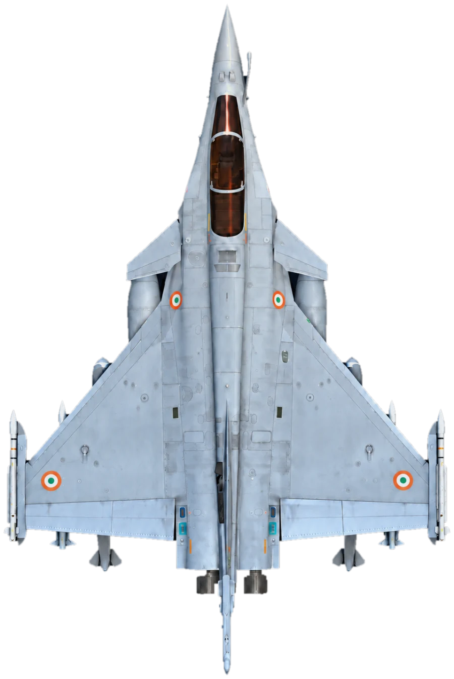 A Rafale of the Indian Air Force seen from directly above, climbing
